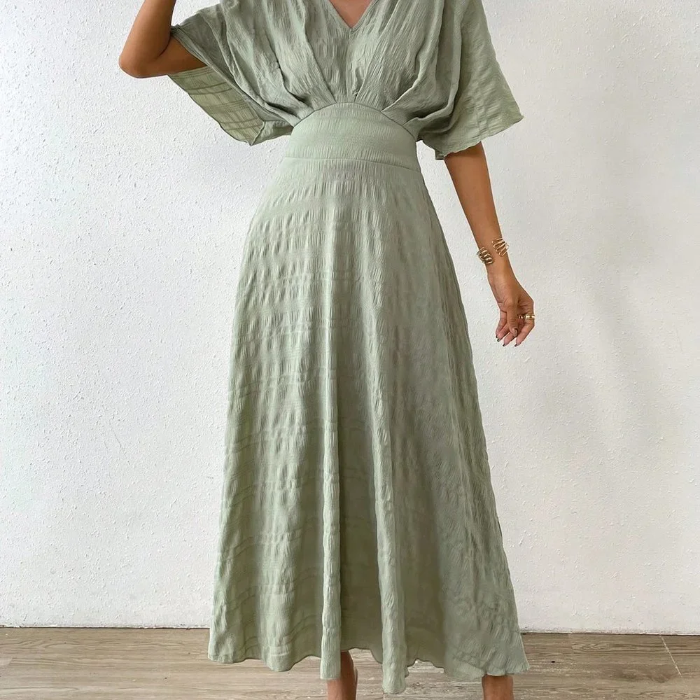 Mint Green Casual Women's Solid Batwing Sleeve A-line Dress - Picture 4 of 5